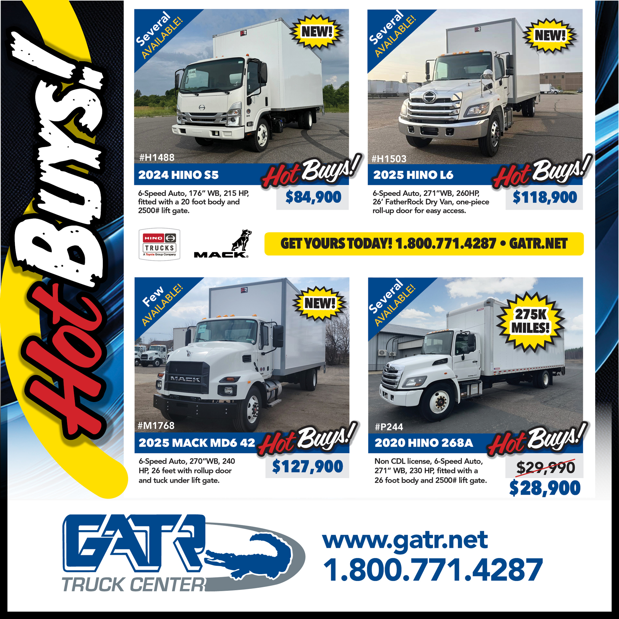 Hino and Mack straight box delivery trucks for sale at GATR TRUCK CENTER in Iowa and Minnesota.